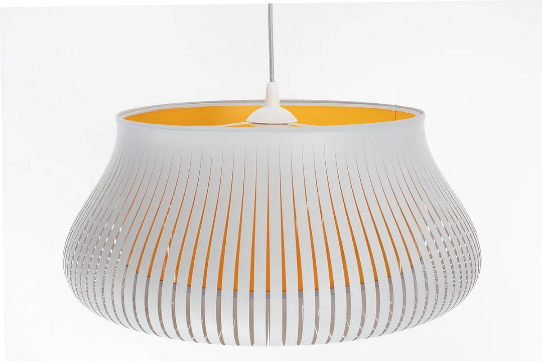 Suspension luminaire oblo blanc avec intérieur jaune vibrant et design plissé pour un éclairage décoratif élégant