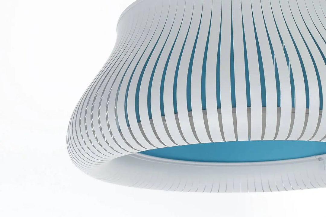 Suspension luminaire oblo blanc bleu clair avec design incurvé rayé pour un éclairage moderne et élégant