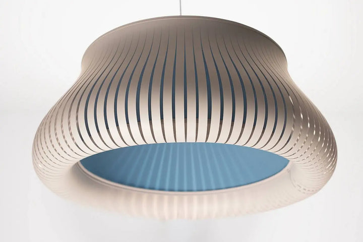 Suspension luminaire oblo beige avec design côtelé moderne et intérieur circulaire bleu clair pour éclairage élégant