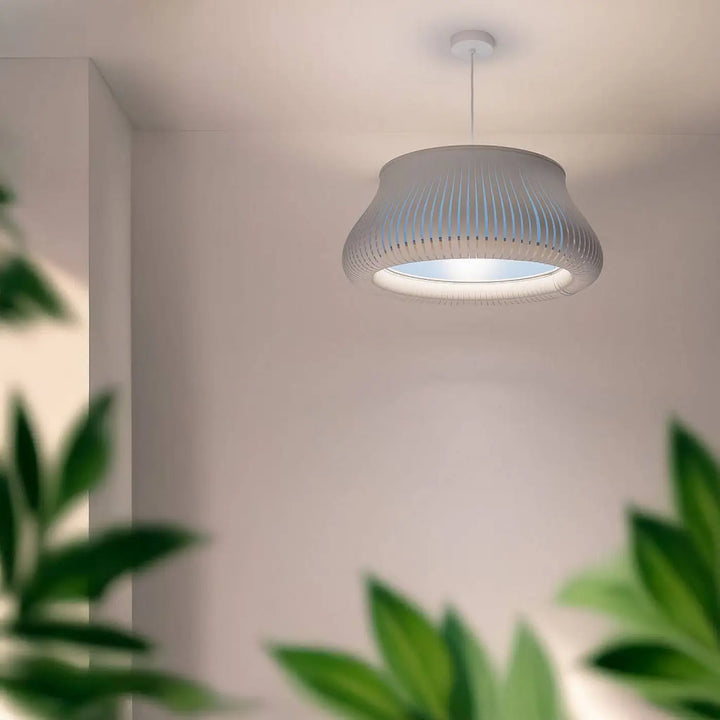 Suspension luminaire oblo blanc avec abat-jour cylindrique nervuré et base circulaire pour une lumière moderne