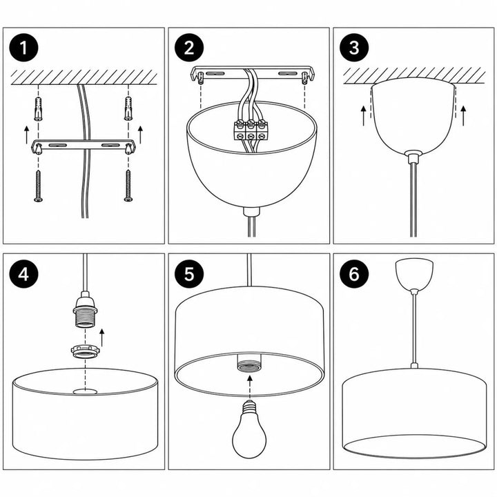 Diagramme dassemblage en six étapes pour suspension luminaire blanche à silhouette cylindrique avec motif multicolore chic