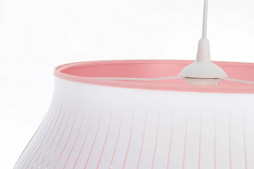Suspension luminaire oblo avec abat-jour en tissu blanc plissé et bordure rose doux pour un éclairage moderne