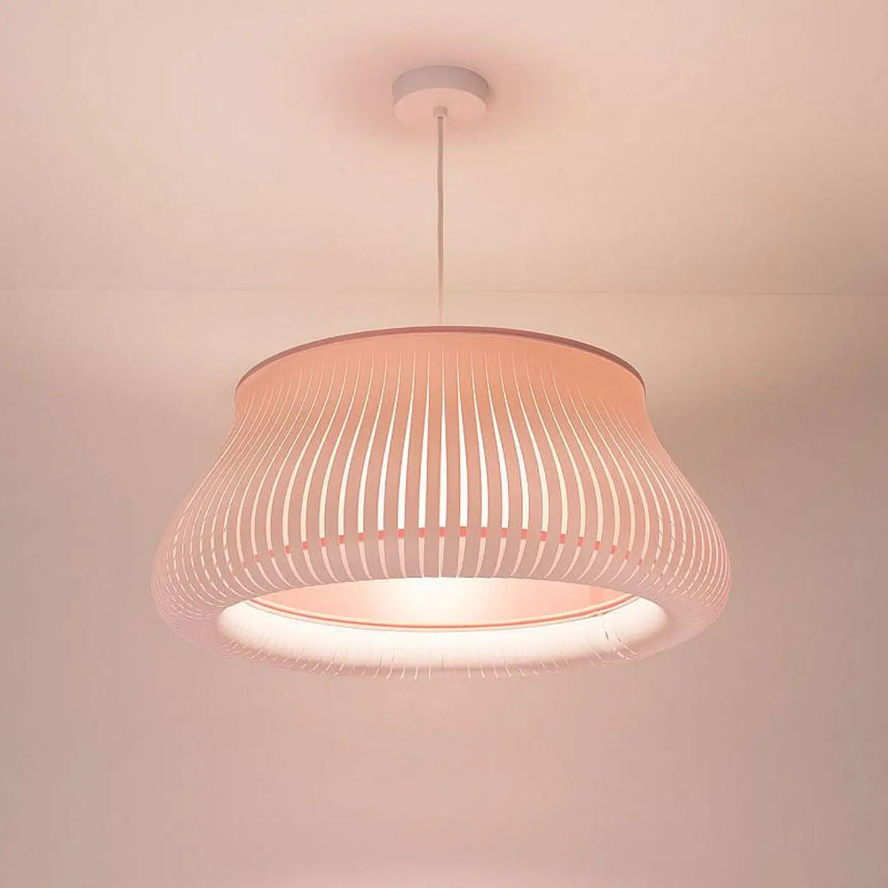 Suspension luminaire oblo avec abat-jour en tissu côtelé pêche et fixation plafond blanche pour éclairage moderne