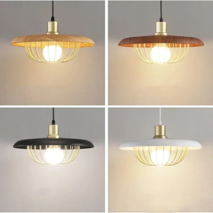 Suspension luminaire en bois et métal doré avec abat-jour rond chic
