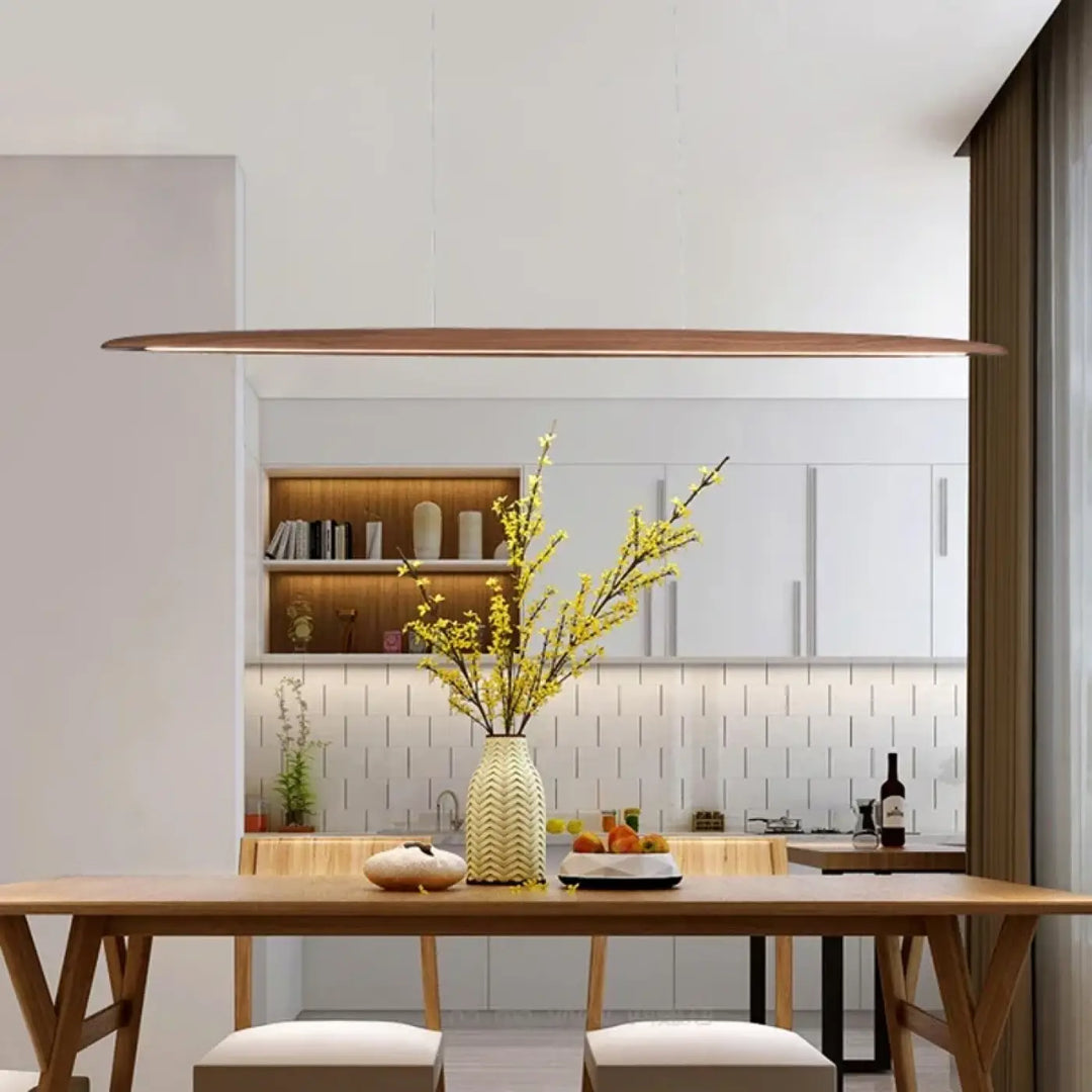 Suspension luminaire bois minimaliste longue et élégante
