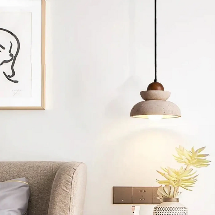 Suspension bois et pierre design épuré beige marron