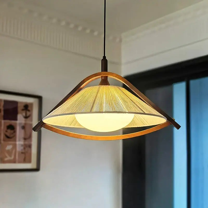 Suspension luminaire en bois et tissu design vintage authentique