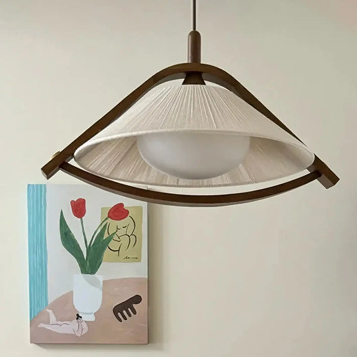 Suspension luminaire en bois et tissu design vintage authentique
