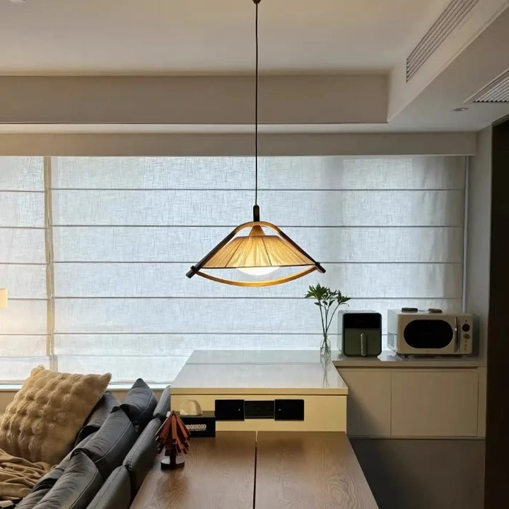 Suspension luminaire en bois et tissu design vintage authentique