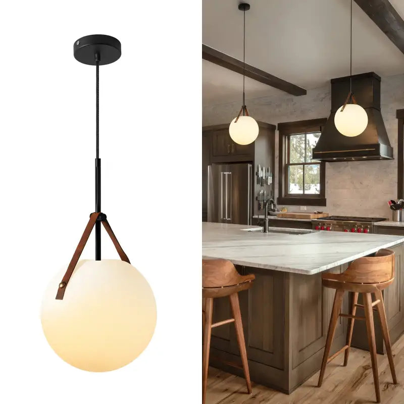 Suspension luminaire boule blanche avec sangle cuir moderne
