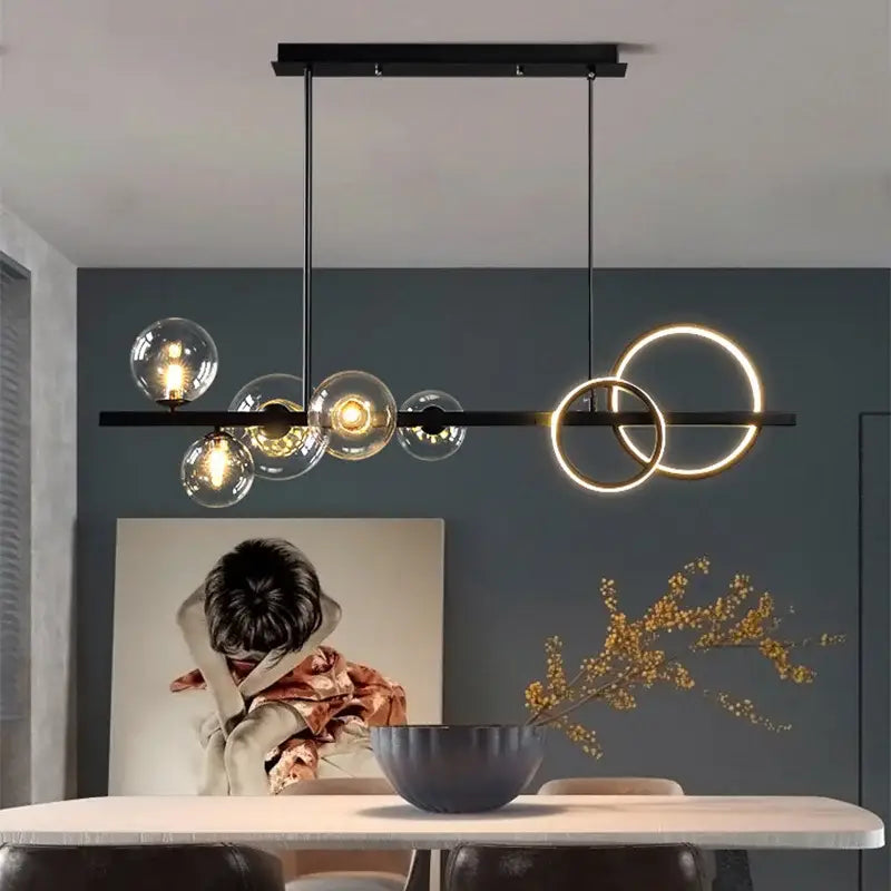 Suspension luminaire avec boules transparentes et 2 cercles en LED

