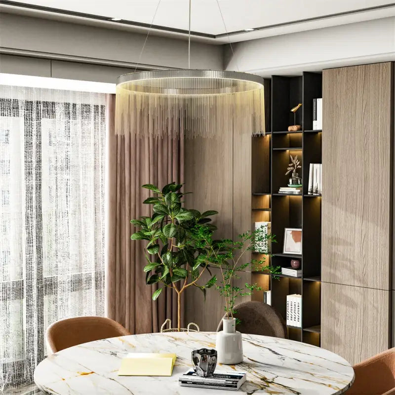 Suspension luminaire cercle avec chaînettes brillantes argentées