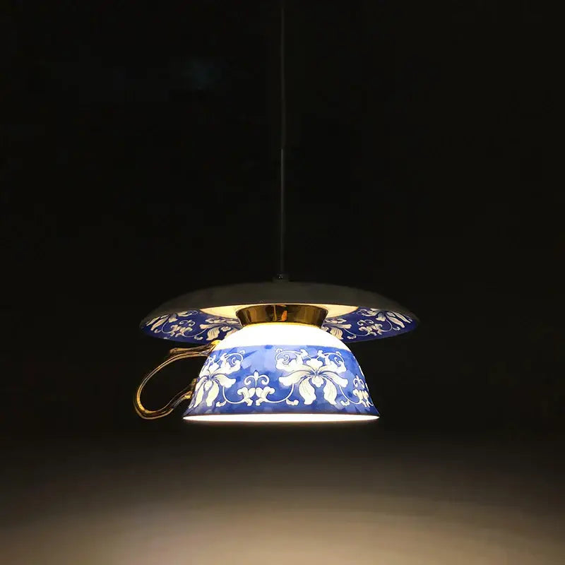 Suspension luminaire chinoise style tasse à fleurs bleues élégante