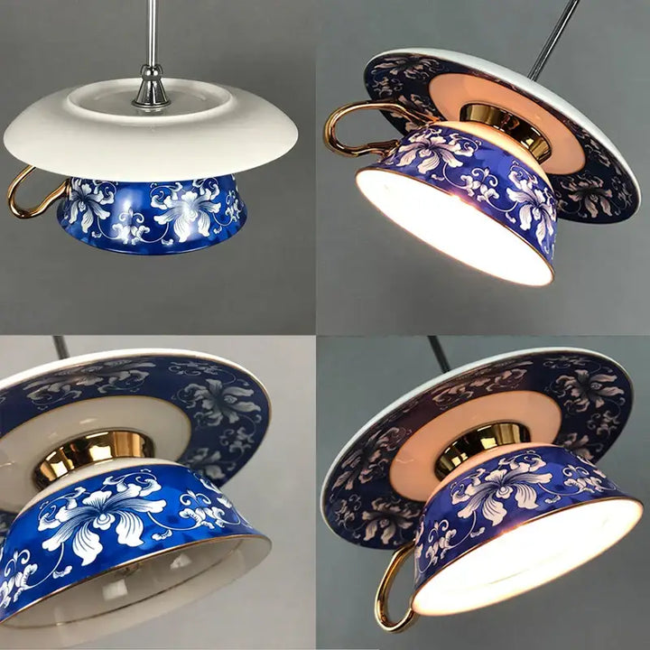 Suspension luminaire chinoise style tasse à fleurs bleues élégante