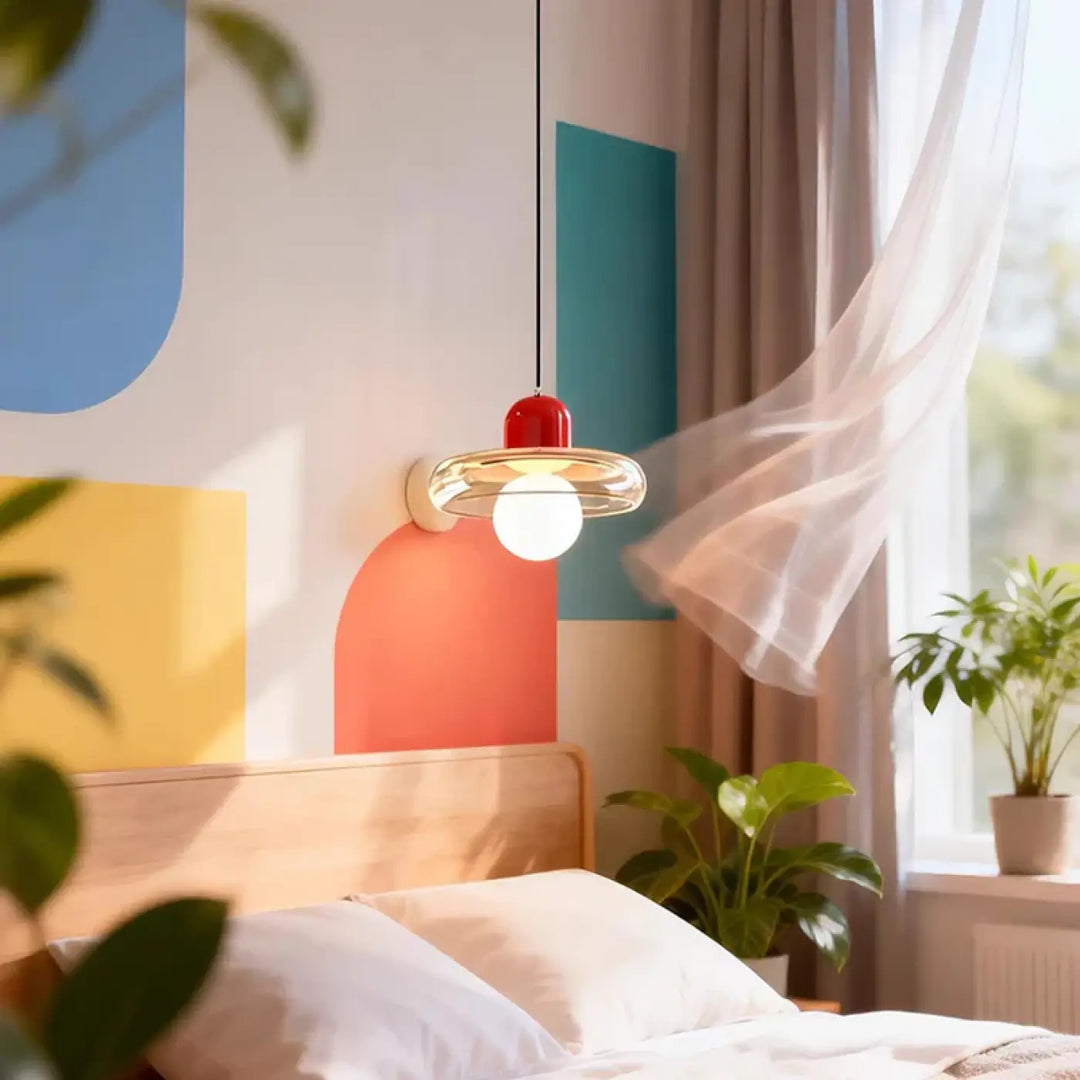Suspension luminaire dopamine avec capuchon rouge et anneau en verre clair pour éclairage au-dessus du lit