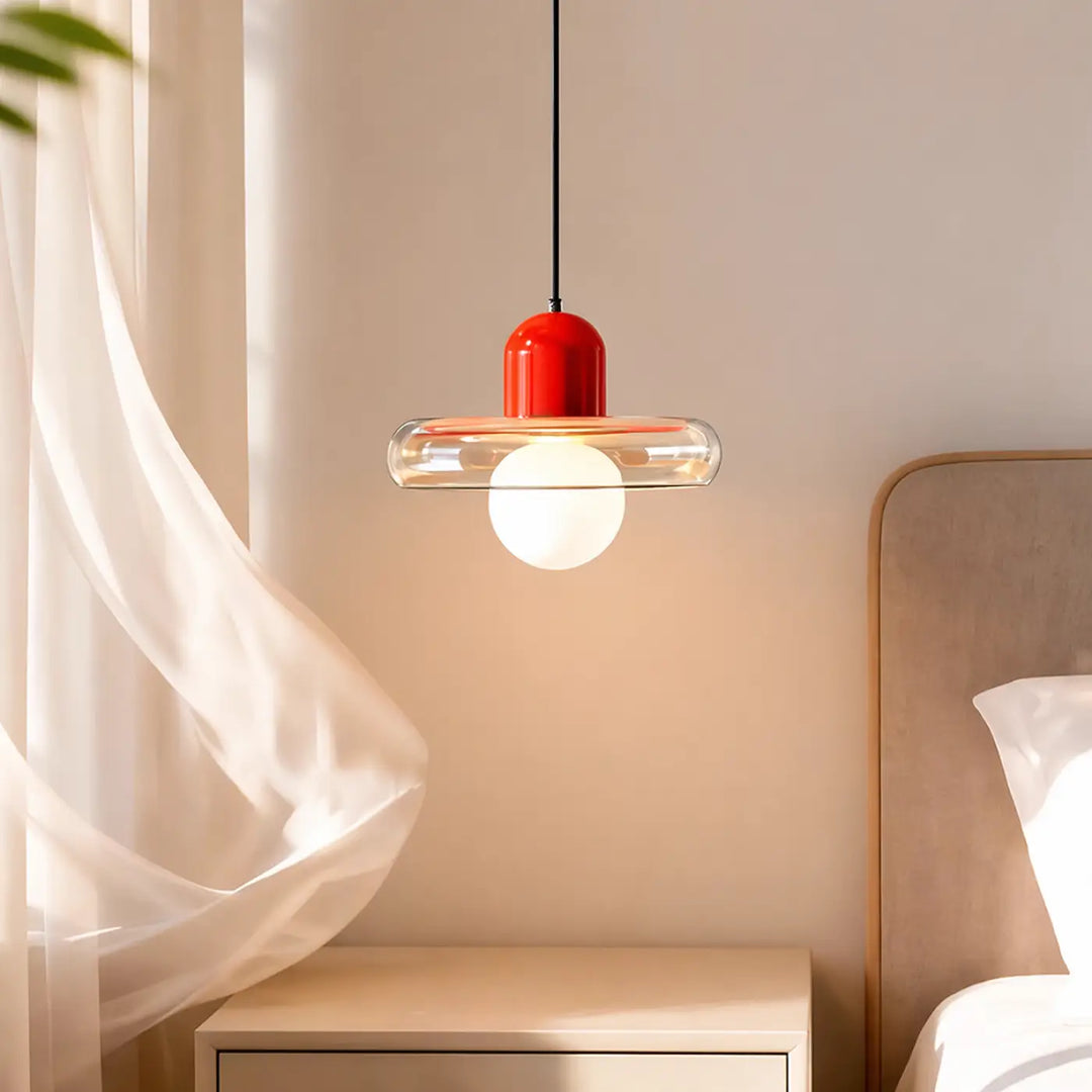 Suspension luminaire dopamine en verre rouge et transparent avec design moderne et épuré luminaire colorée
