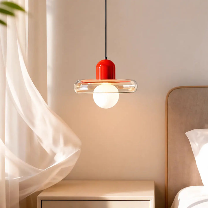 Suspension luminaire dopamine en verre rouge et transparent avec design moderne et épuré luminaire colorée