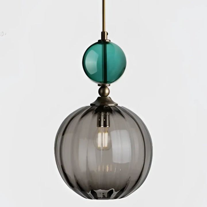 Suspension luminaire bolina en verre teinté teal et fumé avec chaîne métal finition laiton élégant luminaire colorée