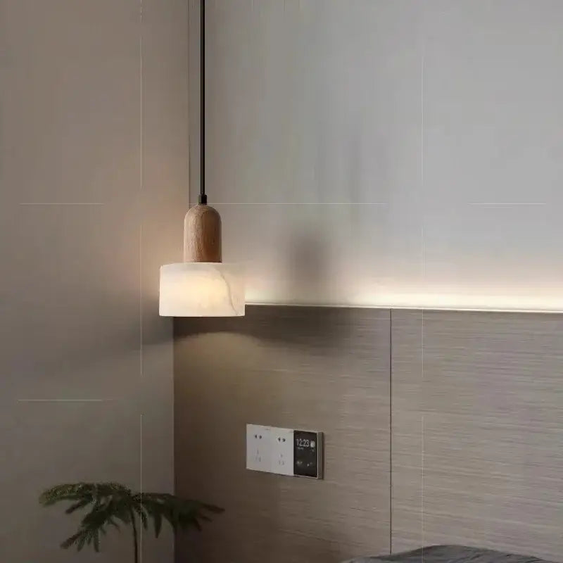 Suspension luminaire contemporain en marbre et en bois naturel