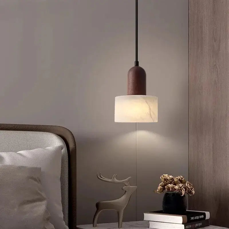Suspension luminaire contemporain en marbre et en bois naturel