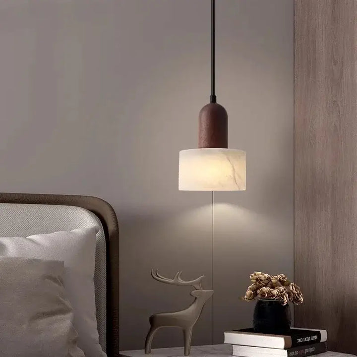 Suspension luminaire contemporain en marbre et en bois naturel