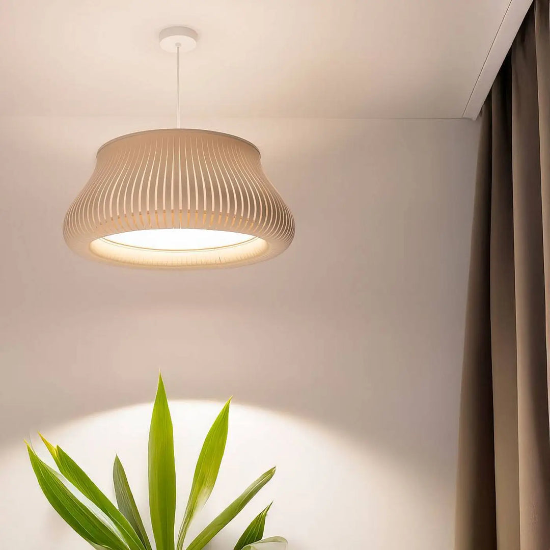 Suspension luminaire oblo crème en tissu plissé beige avec design moderne et minimaliste pour éclairage intérieur