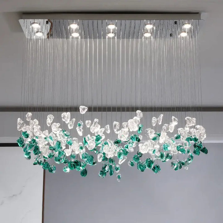 Suspension luminaire en cristal vert et transparent au style raffiné