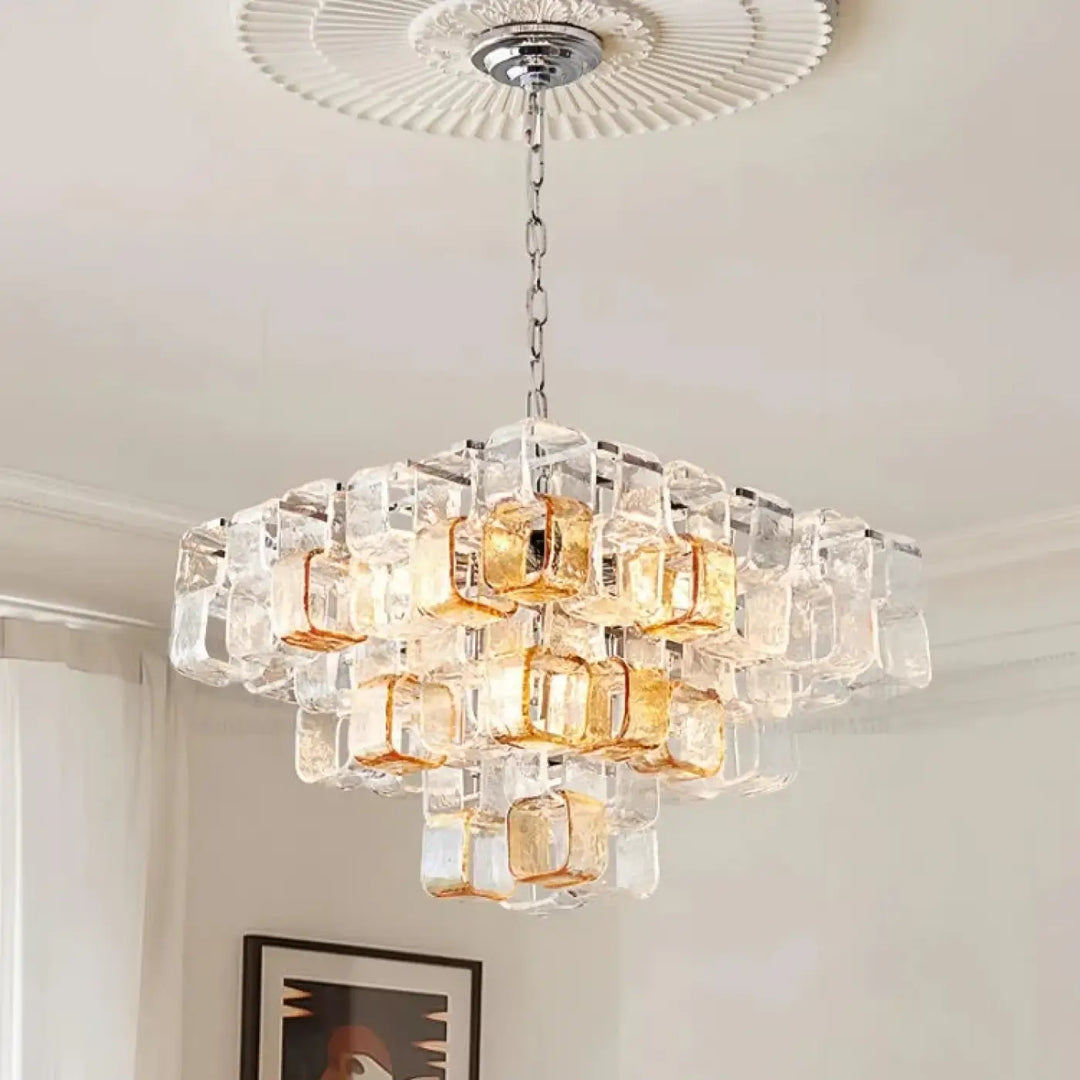 Suspension luminaire cubique en verre clair et ambré avec chaîne chrome et fixation plafond lumia