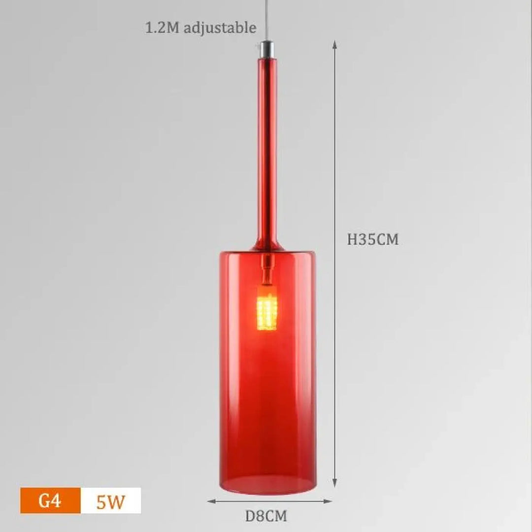 Suspension luminaire design cylis en verre rouge cylindrique avec tige réglable 1,2 m et douille g4, présence décorative