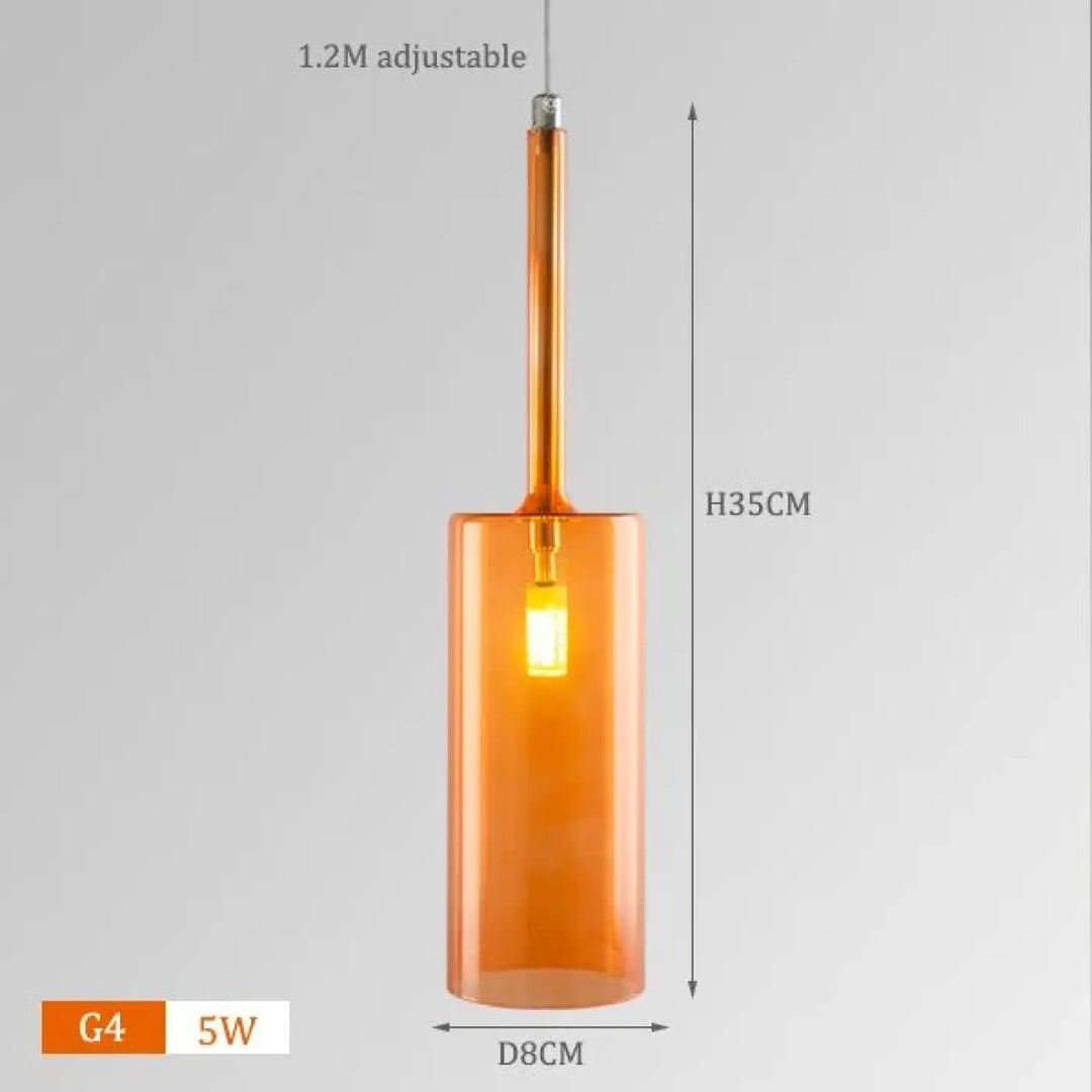 Suspension luminaire design cylis en verre orange cylindrique avec chaîne réglable de 1,2 m et ampoule g4 h35cm d8cm apporte une présence décorative