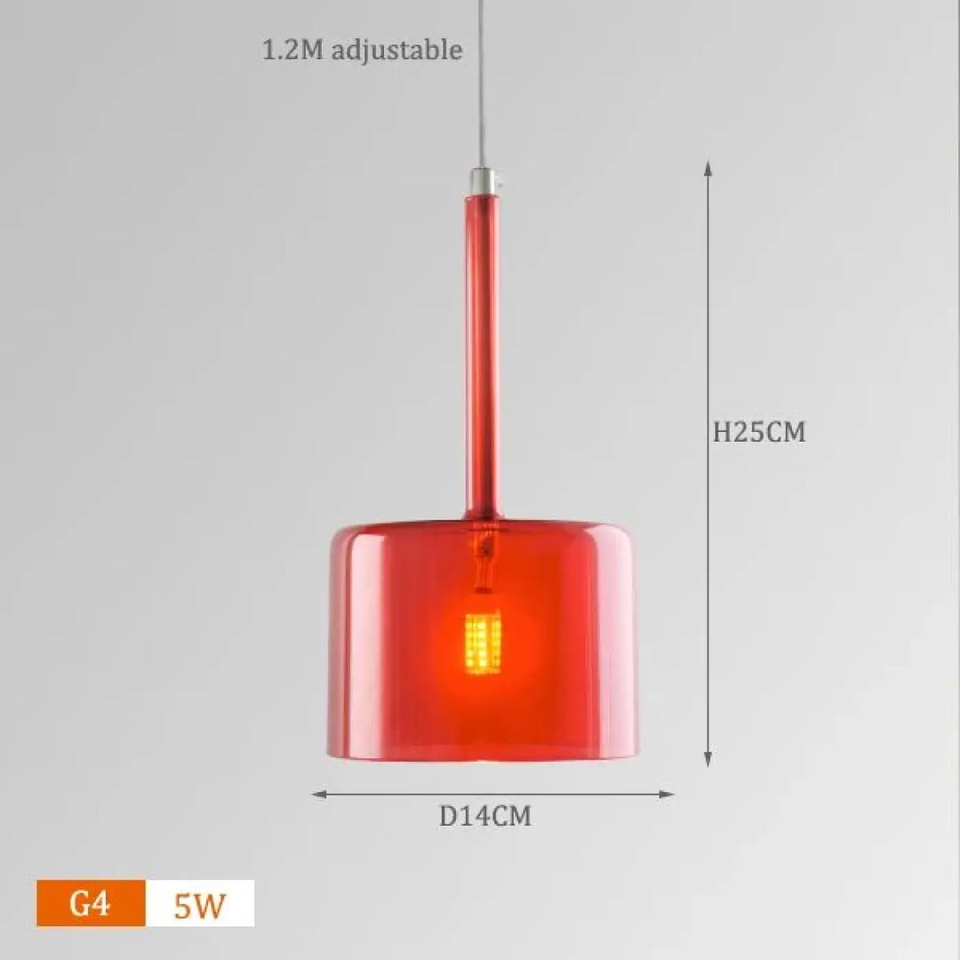 Suspension luminaire design cylis en verre rouge cylindrique avec corde réglable de 1,2 m et ampoule g4 apportant une présence décorative