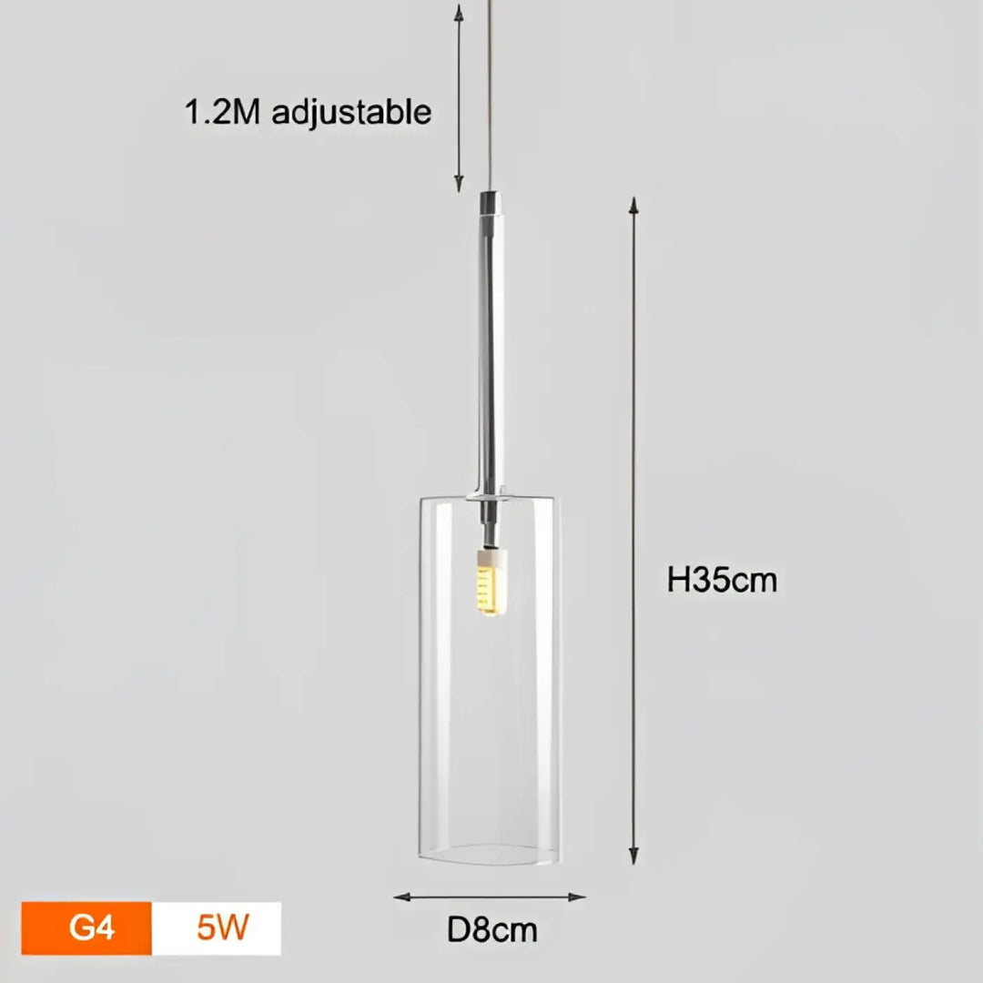 Suspension luminaire cylis en verre cylindrique transparent avec tige métallique chrome et ampoule g4 5w pour création lumineuse apporte moderne