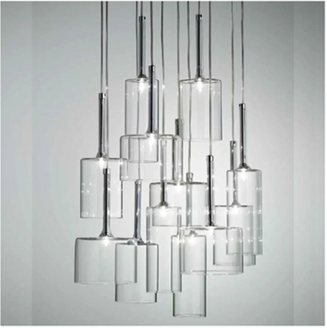 Suspension luminaire cylis design moderne en verre cylindrique avec tiges métal chrome et ampoules visibles