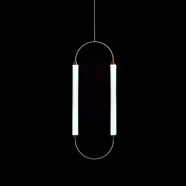 Suspension luminaire orsen avec deux sources lumineuses tubulaires verticales dans un cadre métallique courbé seule couleur chrome