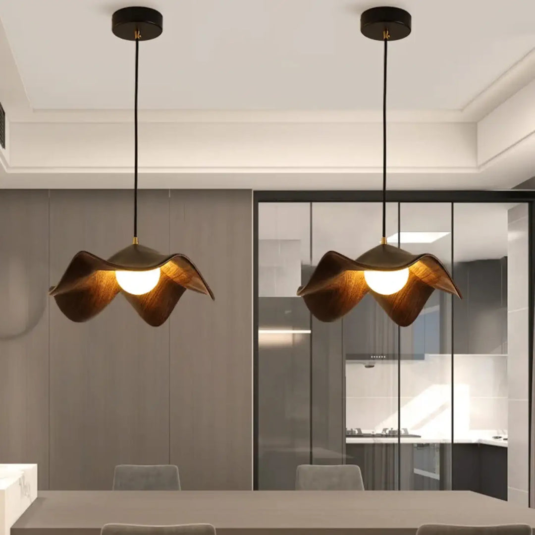 Suspension luminaire design en bois ondulé moderne noir ou blanc