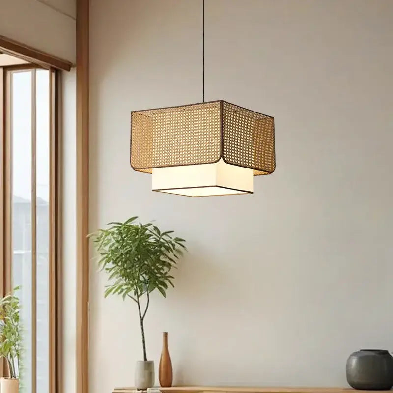 Suspension luminaire design en rotin naturel tressé beige
