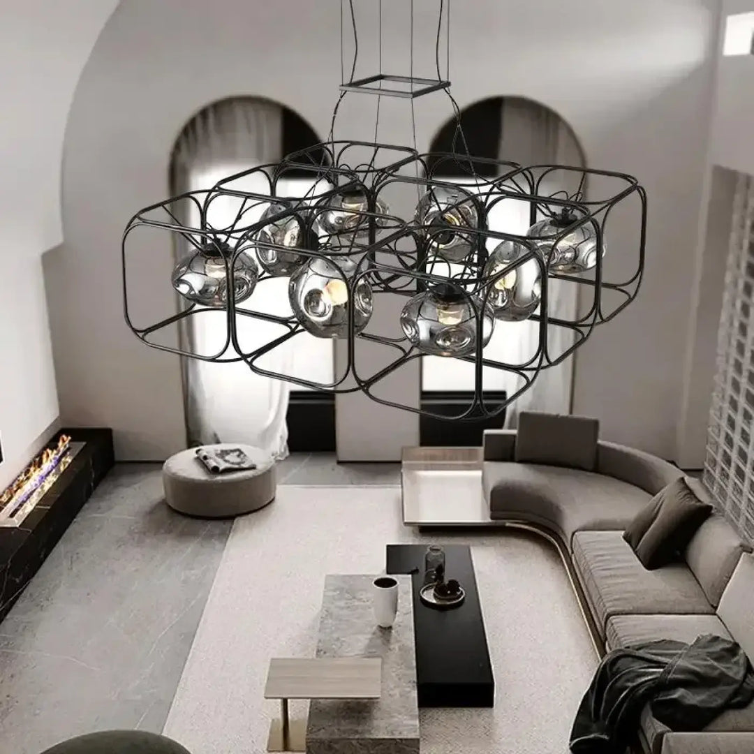 Suspension luminaire nexora en métal noir avec plusieurs ampoules sphériques en verre pour un luminaire design moderne