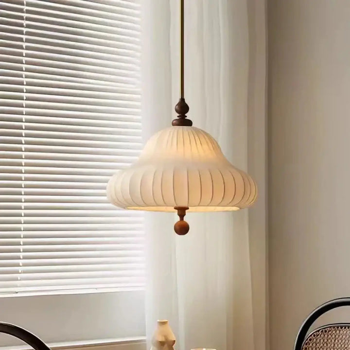 Suspension design en tissu et bois naturel blanc chic