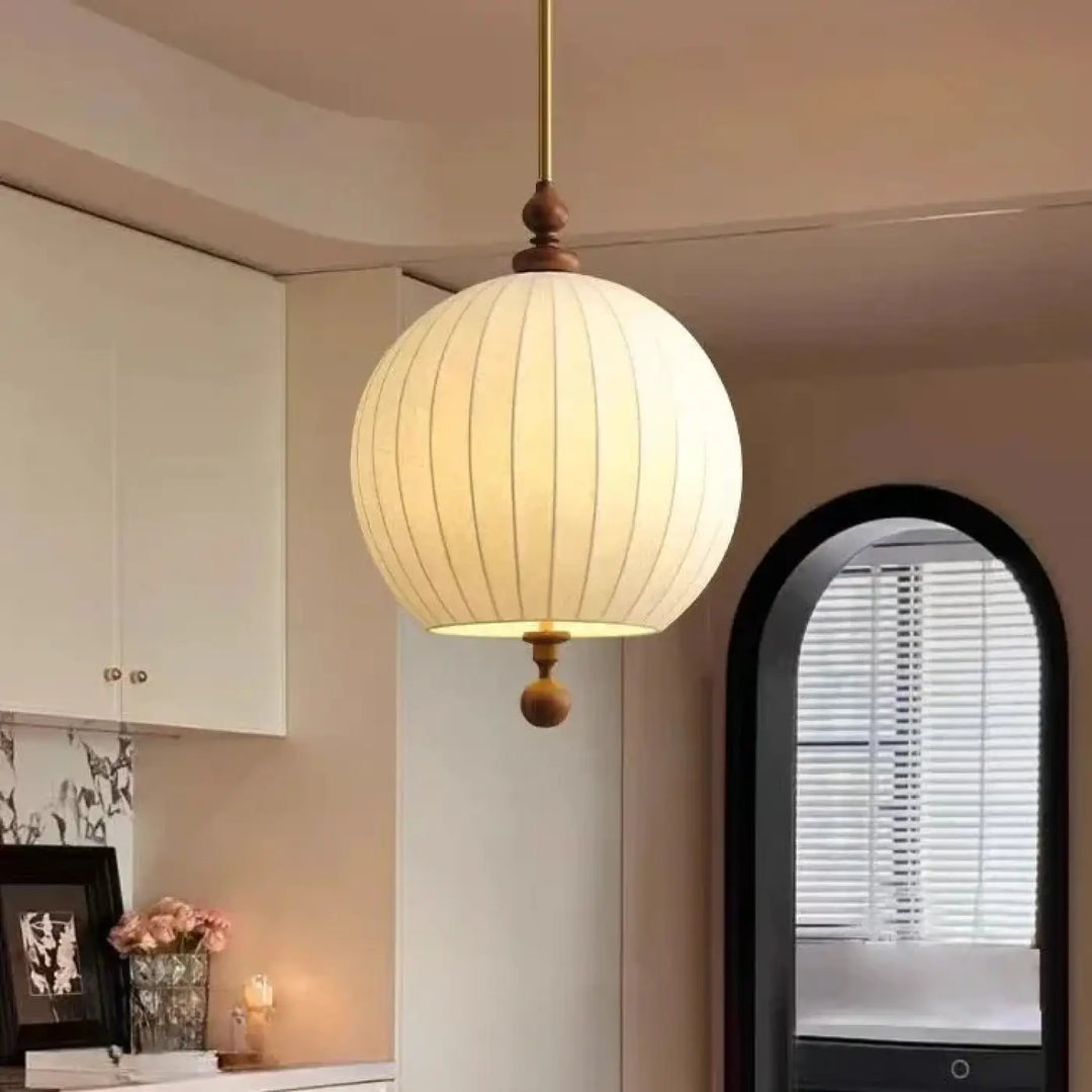 Suspension design en tissu et bois naturel blanc chic