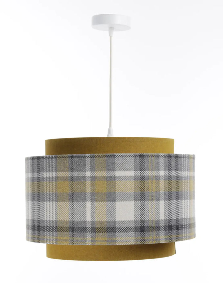 Suspension luminaire doblo cylindrique avec tissu gris à carreaux et intérieur jaune moutarde solide