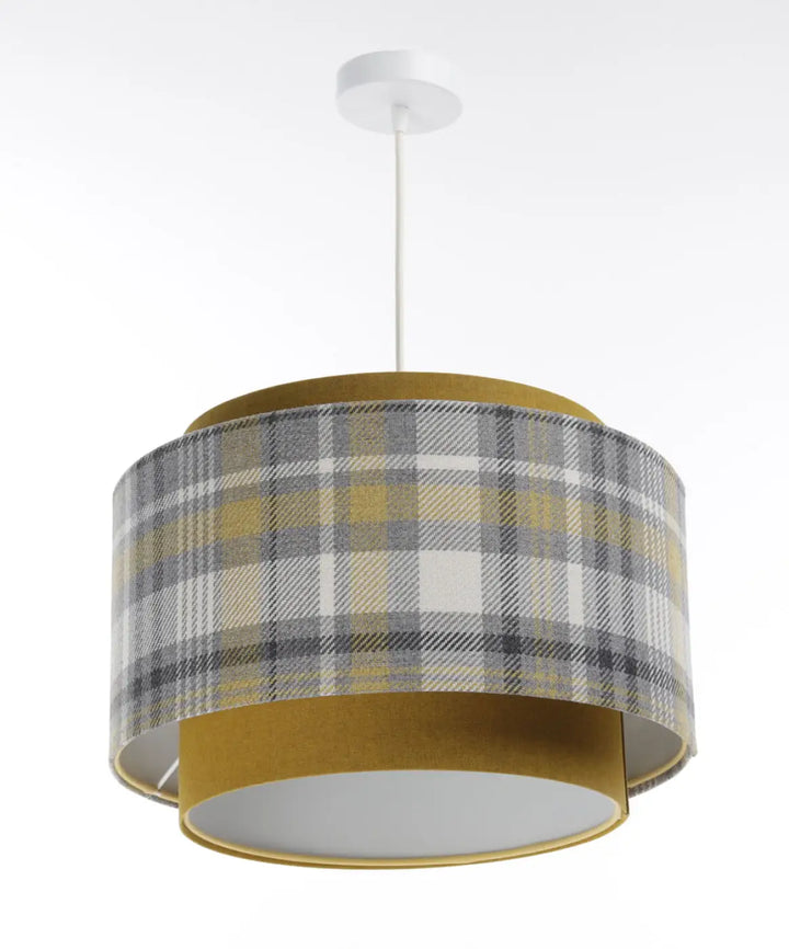 Suspension luminaire doblo avec abat-jour cylindrique en tissu gris plaid jaune moutarde bordé de velours doré