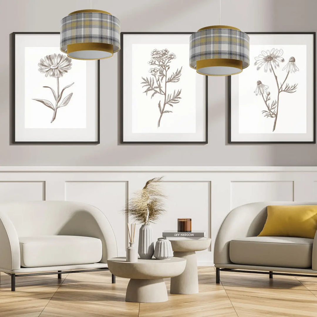 Suspension luminaire doblo cylindrical pendant lights with plaid jaune moutarde and tissu gris with gold trim