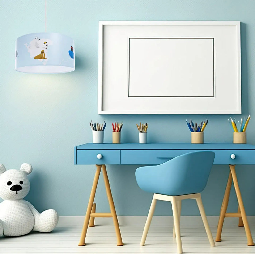 Suspension luminaire sweet dreams bleu clair blanc marron avec illustrations d’animaux cartoon et abat-jour blanc