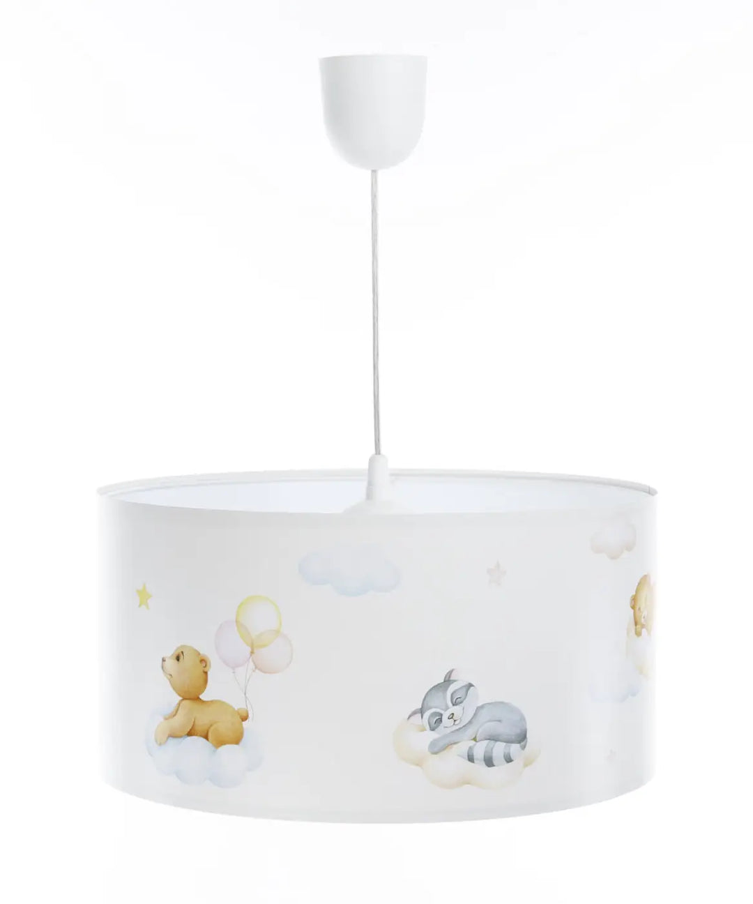 Suspension luminaire blanc avec illustrations pastel dours en ballons et raton laveur endormi sur des nuages