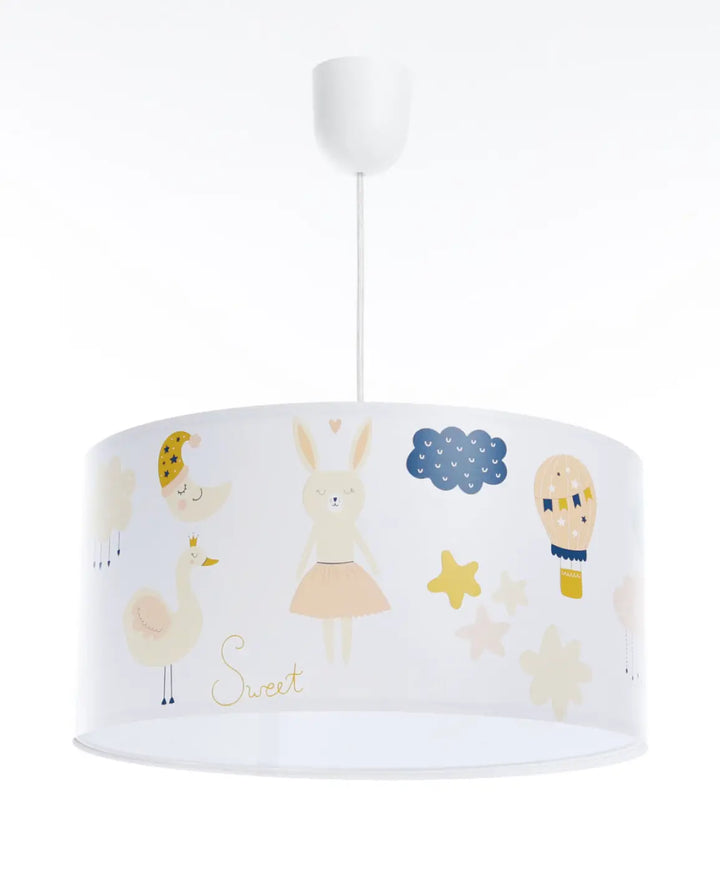 Suspension luminaire enfant blanc avec abat-jour cylindrique décor lapin rêveur pastel étoiles et accessoires décoratifs
