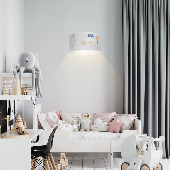 Suspension luminaire enfant blanc avec tissu illustré lapin rêveur et étoiles accessoires décoratifs doux éclairage