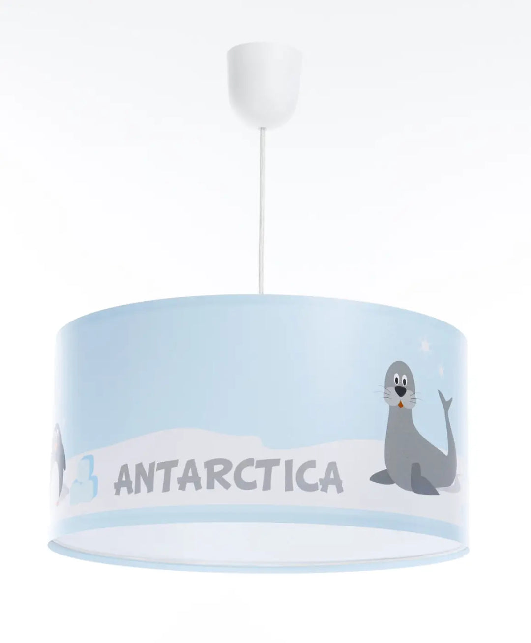 Suspension luminaire sweet dreams bleu clair avec lampe cylindrique blanche décorée d un phoque cartoon et texte antarctica