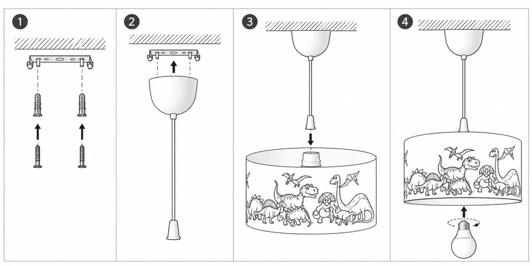 Suspension luminaire enfant avec abat-jour cylindrique blanc orné de dinosaures colorés pour chambre enfant