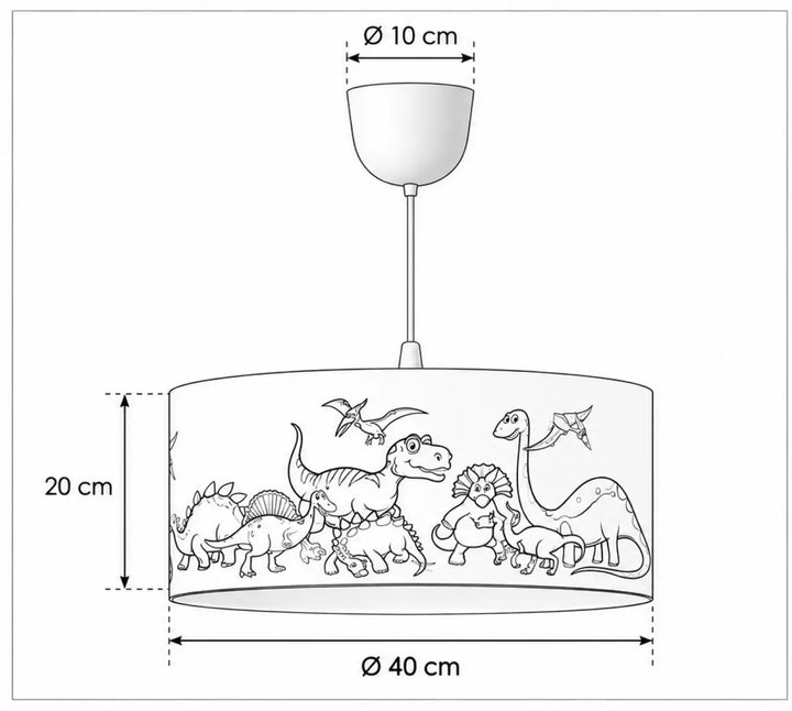 Suspension luminaire enfant avec abat-jour cylindrique en tissu blanc orné de dinosaures colorés dessinés en noir