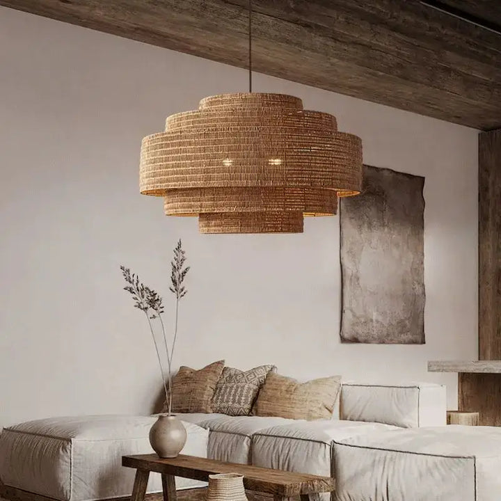 Suspension luminaire en fibres naturelles au design bohème chic